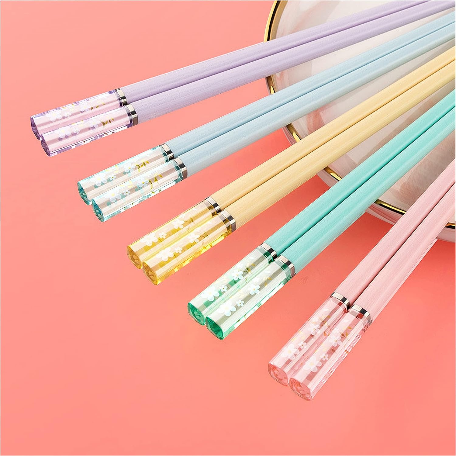 5 Pairs Amber Cherry Blossom Pattern Decoration Multicolor Chopsticks Fiberglass Chopsticks Japanese Korean Chopsticks Reusable Dishwasher Safe Yellow Pink Blue Green Purple Chopsticks Image 2